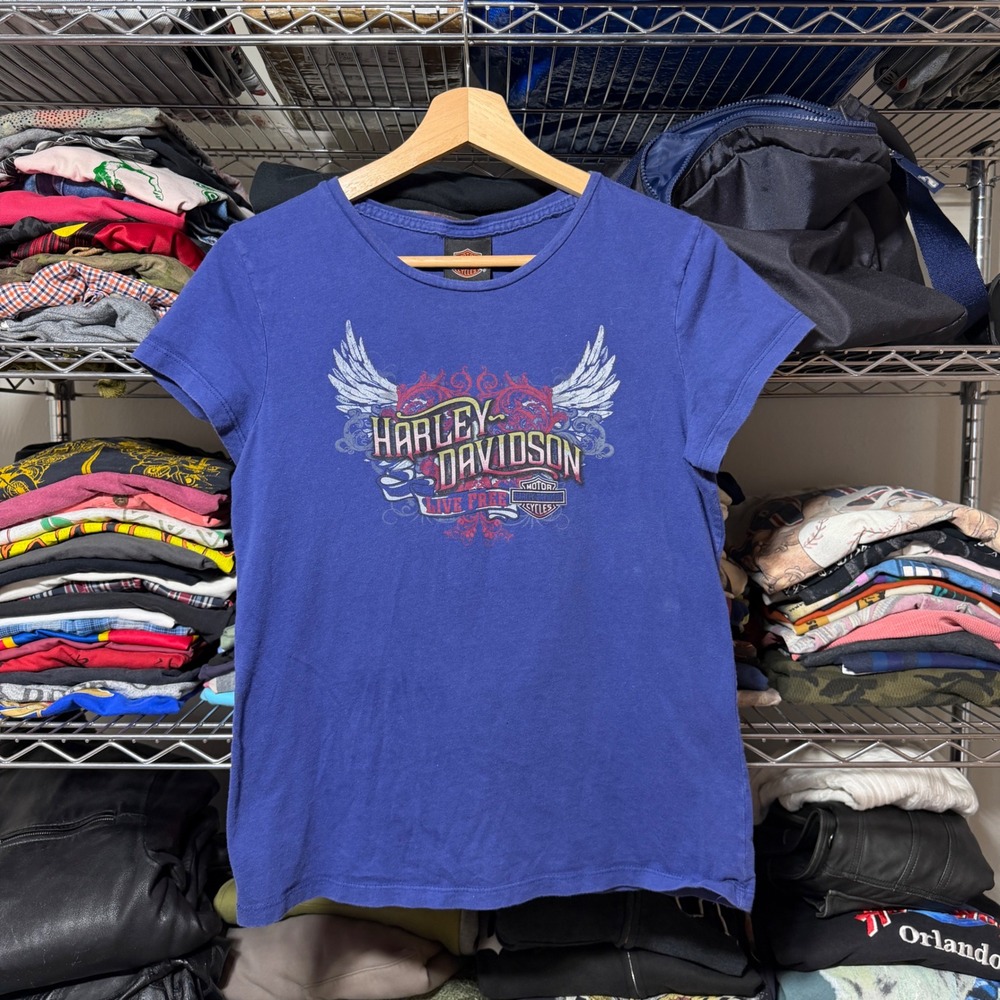 Harley Davidson T-Shirt Women L Blue Daytona Beach FL Live Free Graphic Tee Y2K